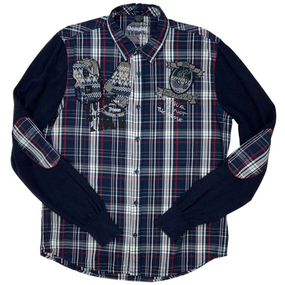 Desigual Button Front Shirt L Blue Plaid Knit Long Sleeve Elbow Patch Graphics - Picture 1 of 11